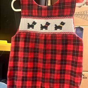Red Plaid Toddler one piece shorts with Dog Embroidery